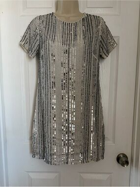 Lulu's Silver Sequin Beaded Shift Mini Cocktail Dress | Holiday Glam